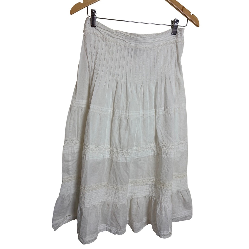 Zerafima White 100% Cotton Pintuck Lace‎ Trim Tiered Boho Midi Skirt Womens M